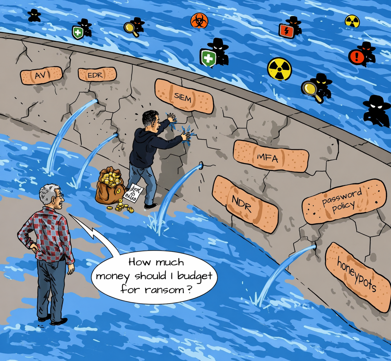 Illustration showing multiple security tools in a cracked wall with attackers exploiting the gaps